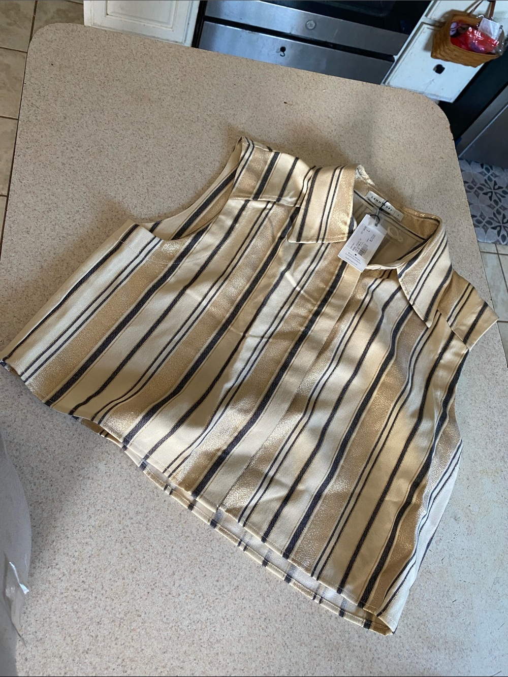 Collared Striped Sleeveless Tank - Beige/Black